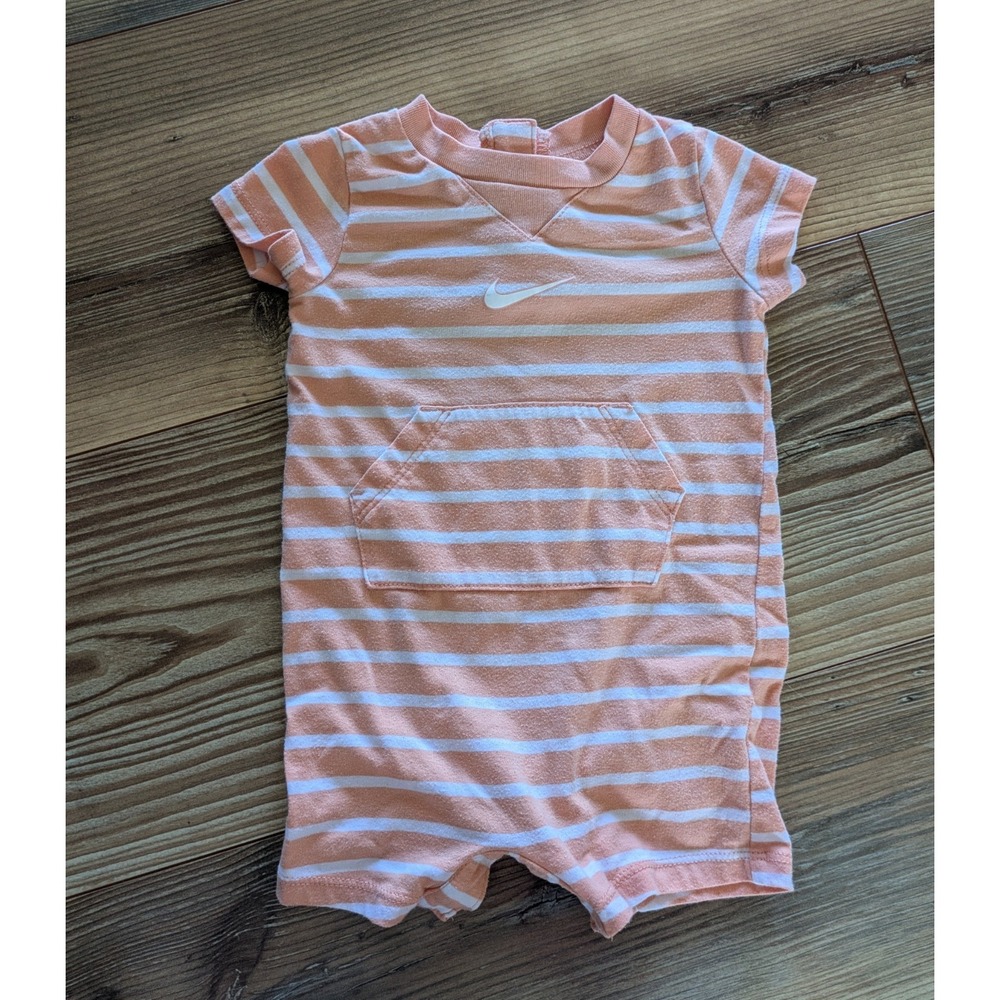 Nike Striped Logo Short Sleeve Shorts Snap Romper One Piece 3 Months